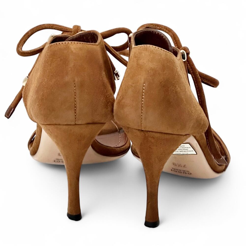 Gucci Vintage Y2K Horsebit Suede Sandals Lace Up Stiletto Heels Cognac Brown 7.5 - Picture 9 of 13